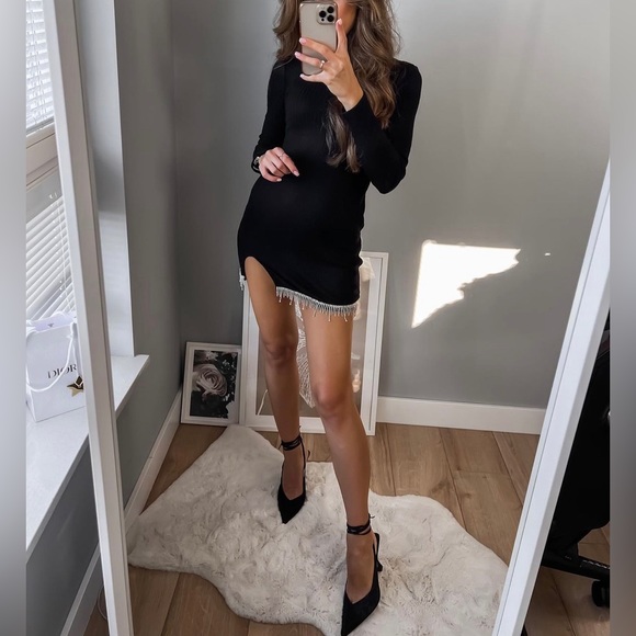 Zara BLACK SWEATER KNIT DRESS WITH HANGING RHINESTONES - Picture 5 of 12